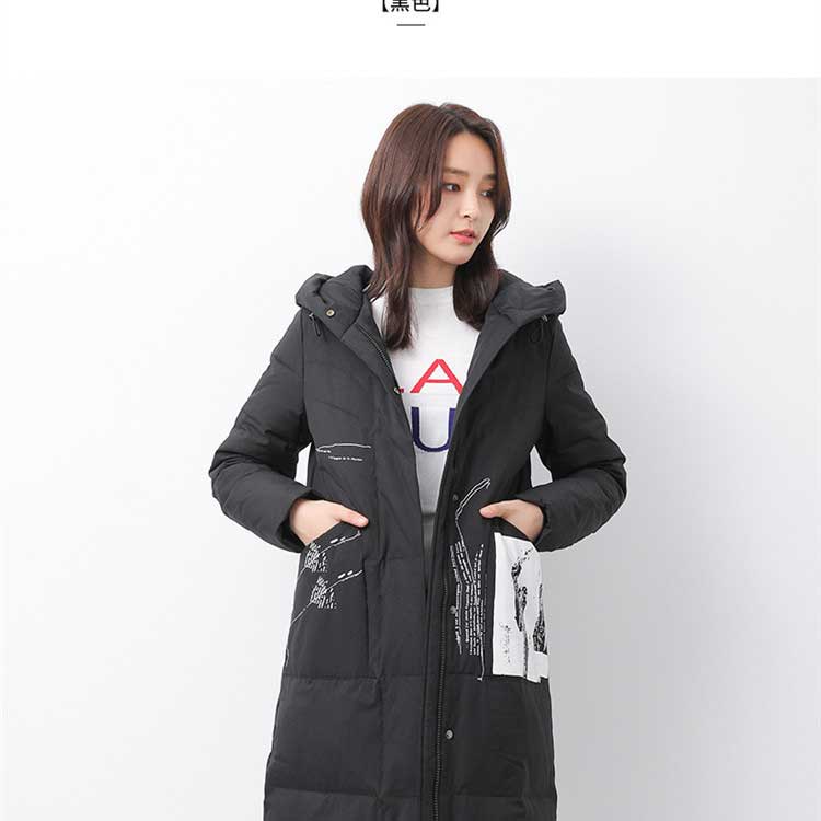 yaloo/雅鹿2018新款女中长款修身羽绒服印花韩版外套